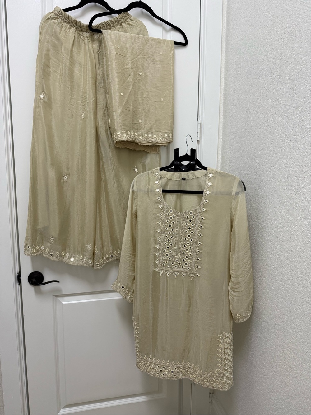 3 pcs Indian Pakistani embroidered cream Kurta, plazzo and dupatta